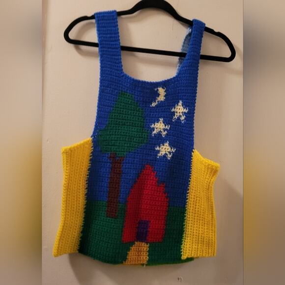 Vtg Hand Knit Tank Top Sky Day & Night Scene Front & Back Summer Hippie Smurfs - Picture 2 of 7